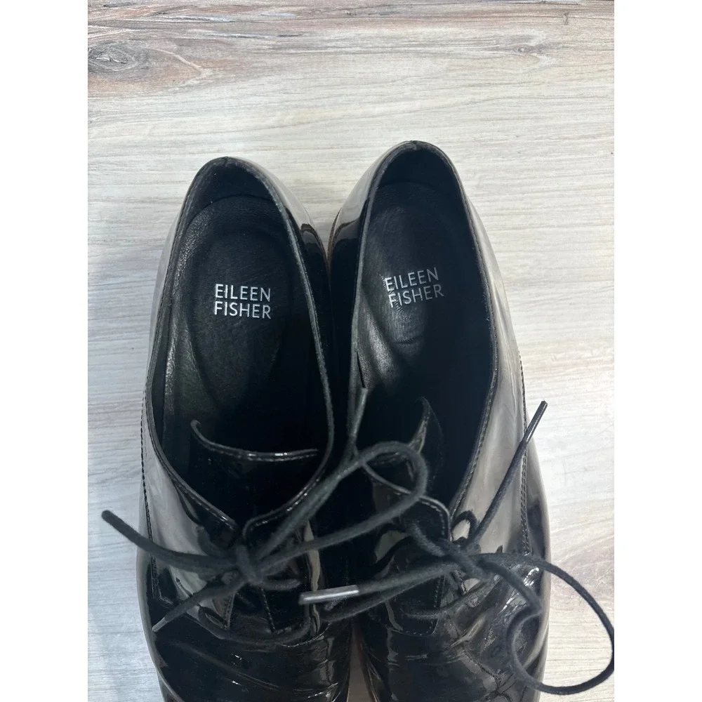 Eileen Fisher Eddy Derby SZ 9 Black Patent Leather Lace Up Oxford Platform Shoes